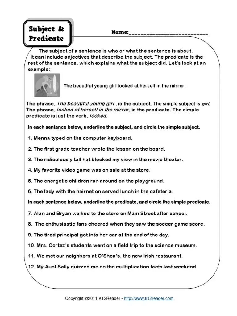 In each of the sentences below. Subject and Predicate. Worksheet about subject and Predicate. Subject and Predicate exercises. Worksheet subject and Predicate for Beginners.