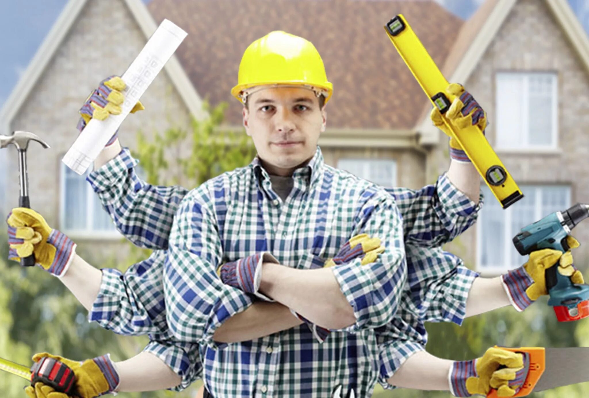 Человек на работе. Разнорабочие. Строитель широкого профиля. Бизнес в интернете. Мощно работает.