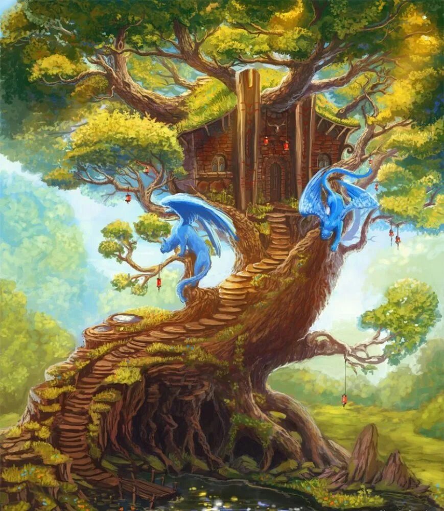 Сказочный лесной домик. Дом на волшебном дереве. Фантазийные домики. Домик гнома фэнтези. Волшебный дом на дереве.