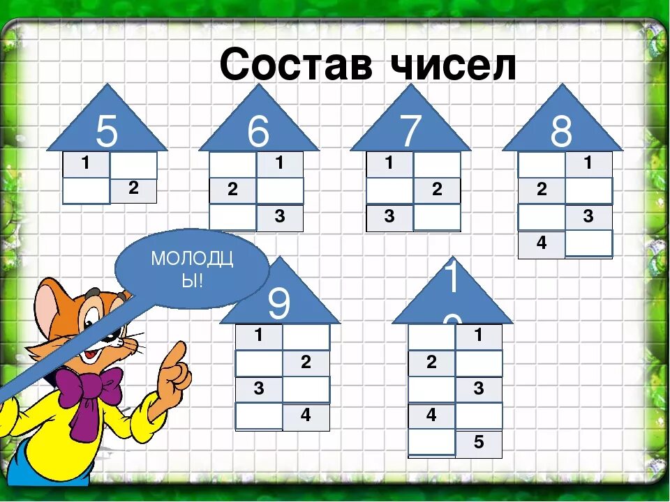 Состав 5 1 класс. Состав чисел в пределах 10. Примеры на состав числа. Засели домики.