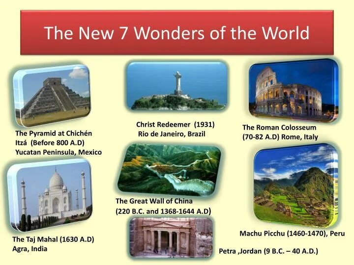 The world s seven wonders. 7 Wonders of the Ancient World. Seven Wonders of the World презентация. 7 Чудес света названия. 7 Чудес света список современного.