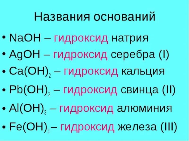 Гидроксид название элемента. Гидроксиды формулы химия 8 класс. Названия оснований. Гидроксиды примеры. Химические формулы гидроксидов.