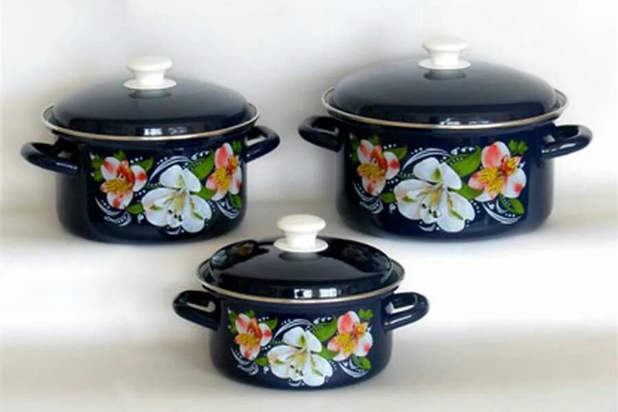 2;3;4л белый). (2л+3л+4л)"maestro"розов. Набор эмалированной посуды. Набор кастрюль груш. 3л 4л.