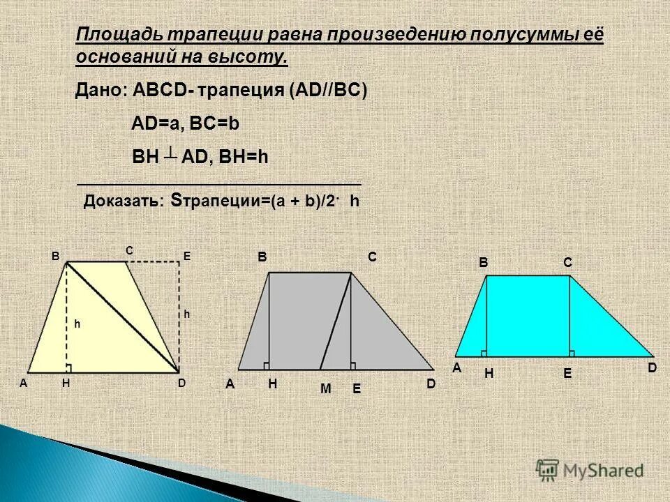 Доказательство высоты трапеции. Площадь трапеции формула без высоты. площадь трапеции савченко презентация. площадь трапеции равна полусумме её оснований на высоту. площадь трапеции равна произведению полусуммы оснований.