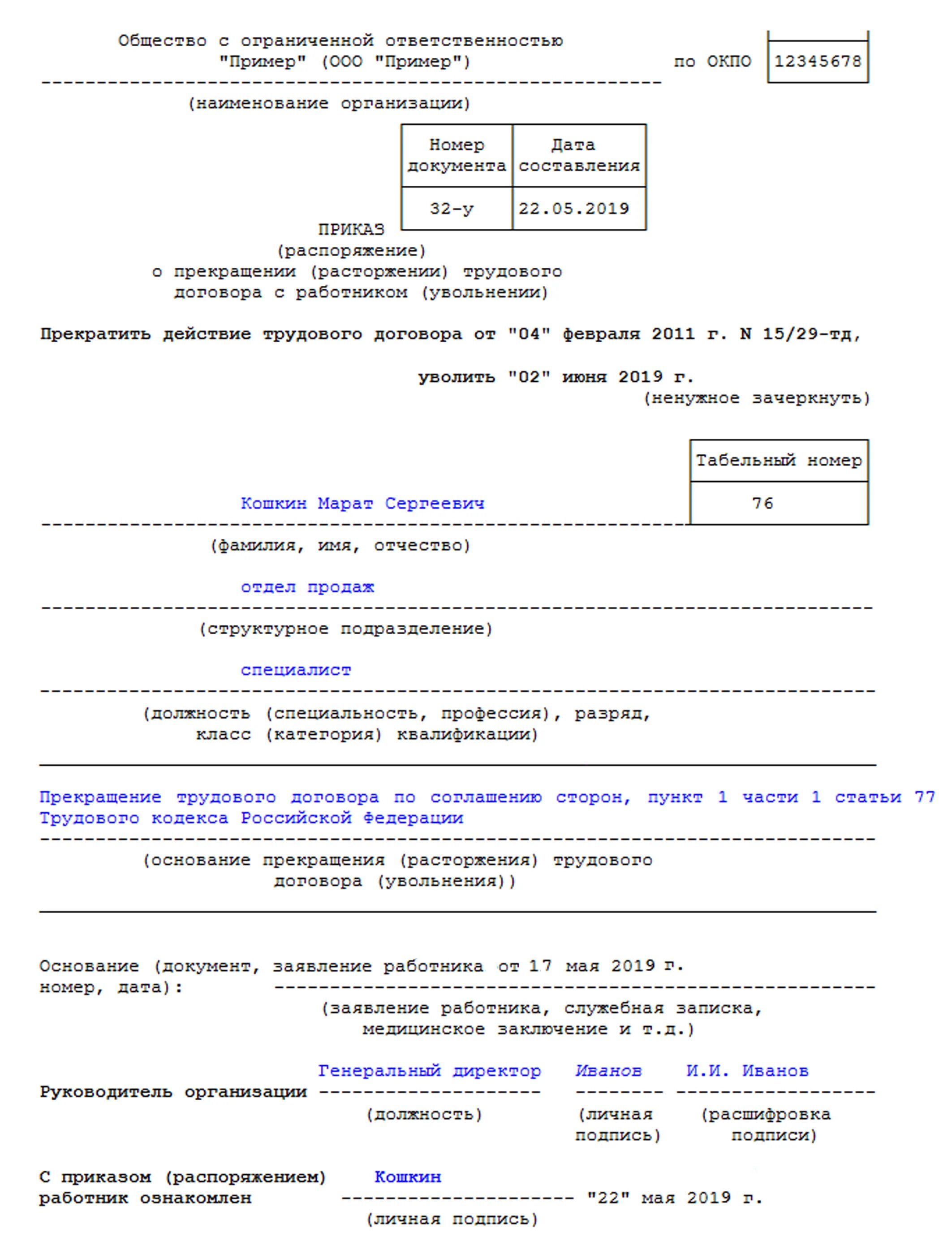 Приказ о прекращении трудового договора по инициативе работника. Приказ о расторжении трудового договора по соглашению. Приказ о расторжении трудового договора с работником образец. Образец приказа об увольнение по инициативе работника образец.