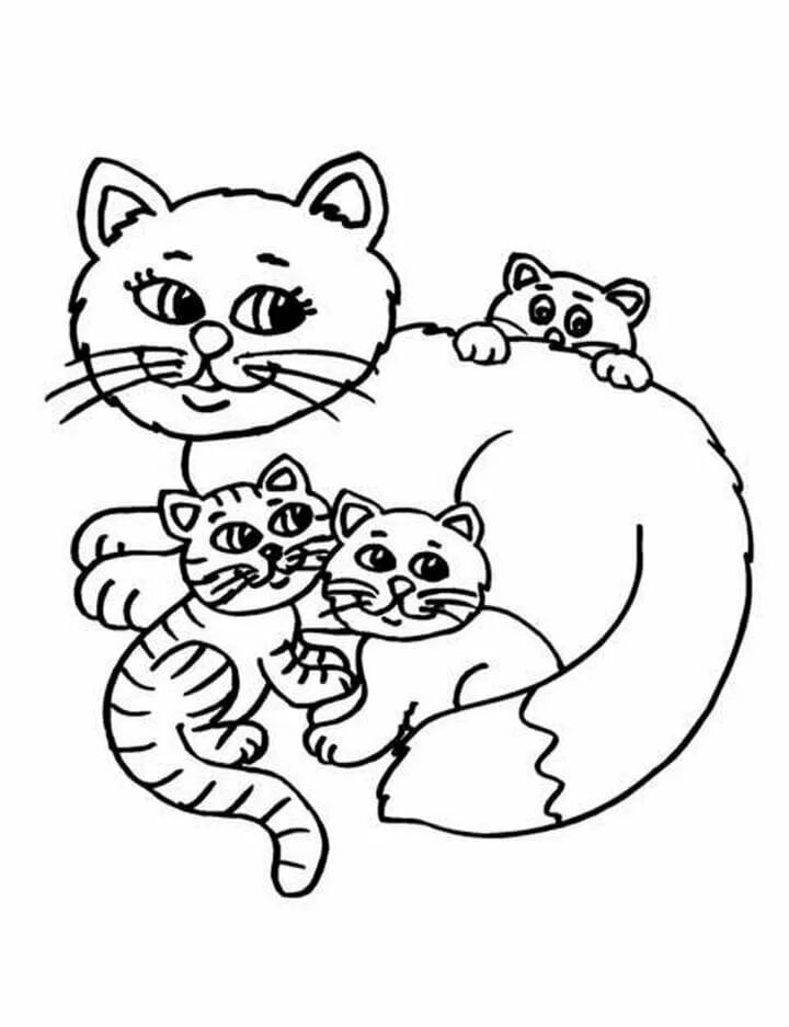 Рисунок как животные заботятся о своем потомстве. Раскраска кошка с котятами. рисунок кошки для раскрашивания. кошка раскраска для детей. кошка с котятамими раскраска.