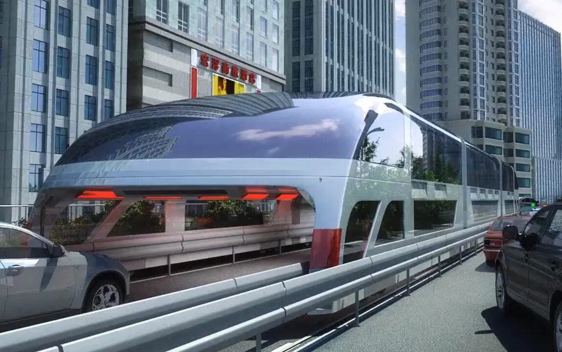 Монорельс Китай. Автобус-тоннель Transit elevated Bus. Портальный автобус Transit elevated Bus (TEB-1). Монорельс Пекин.