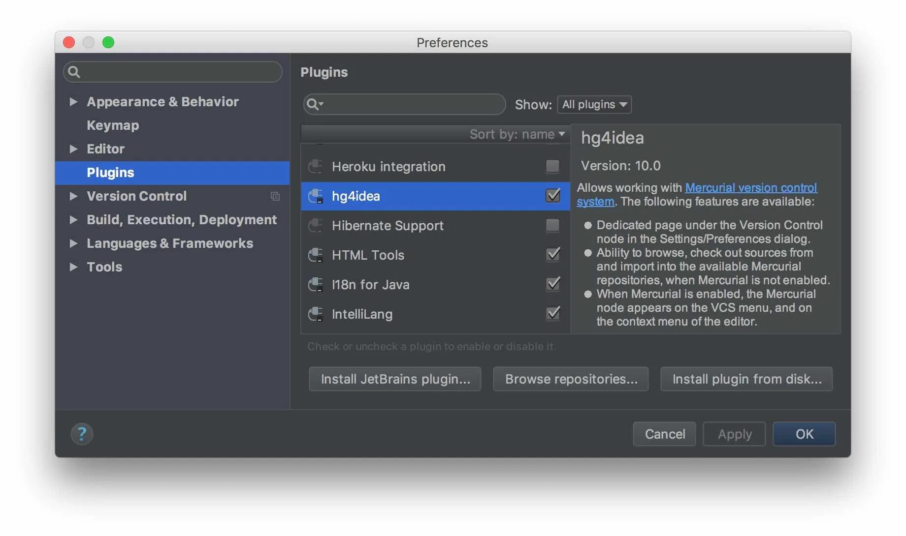 Плагин для вб. Preferences в INTELLIJ idea. Mercurial Plugins. Plugins in INTELLIJ idea. Hg4 010.