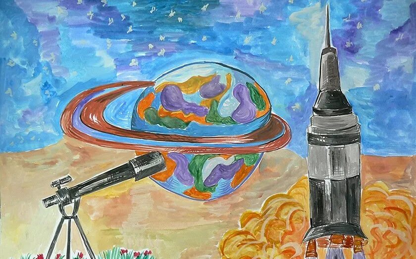 Рисование день космонавтики. Рисунок на тему космос. Рисунок ко Дню космонавтики. Рисунок на космическую тему. Рисунок на день Космонавта.