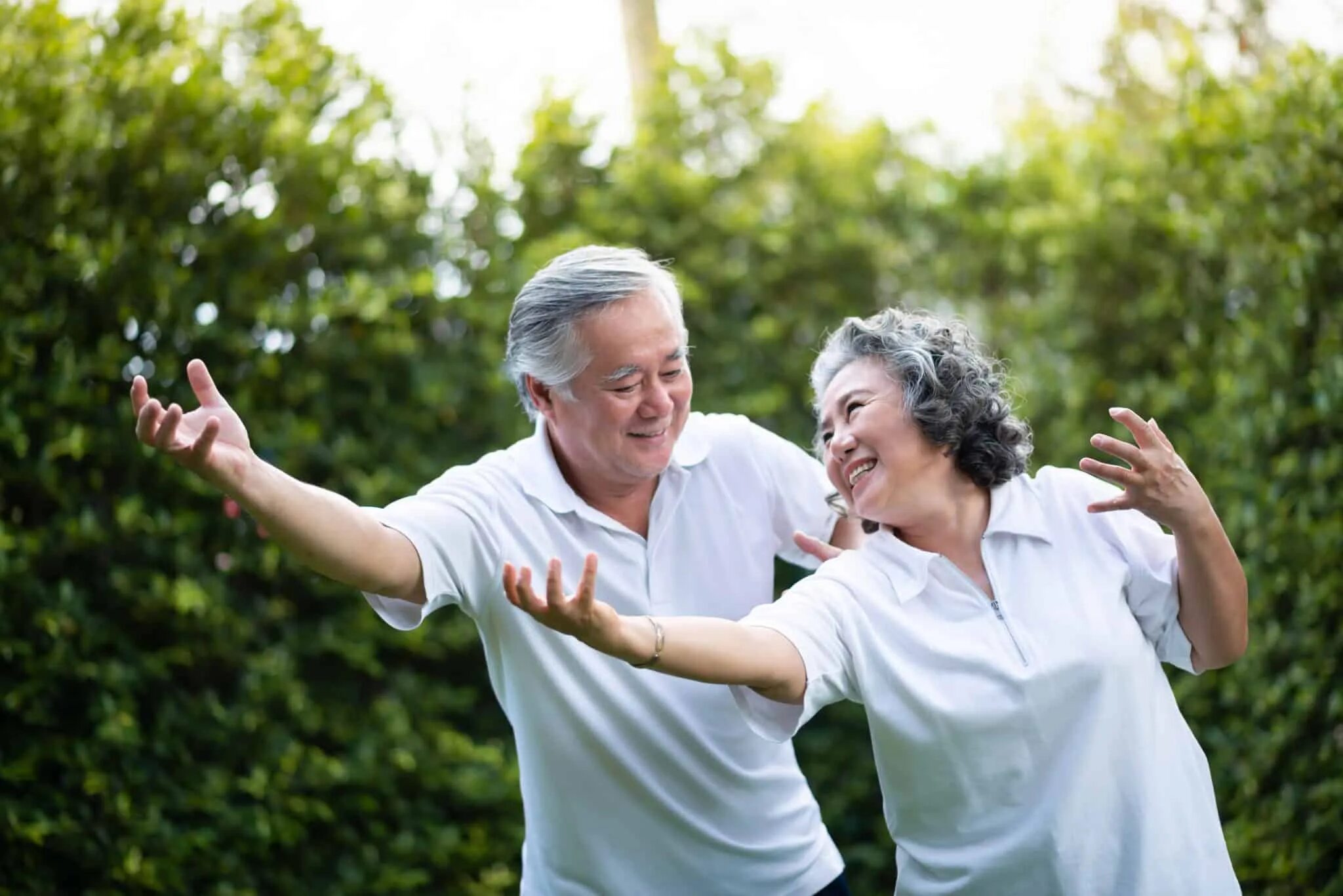 Growing of the Aging Society. Old people exercise together Park.