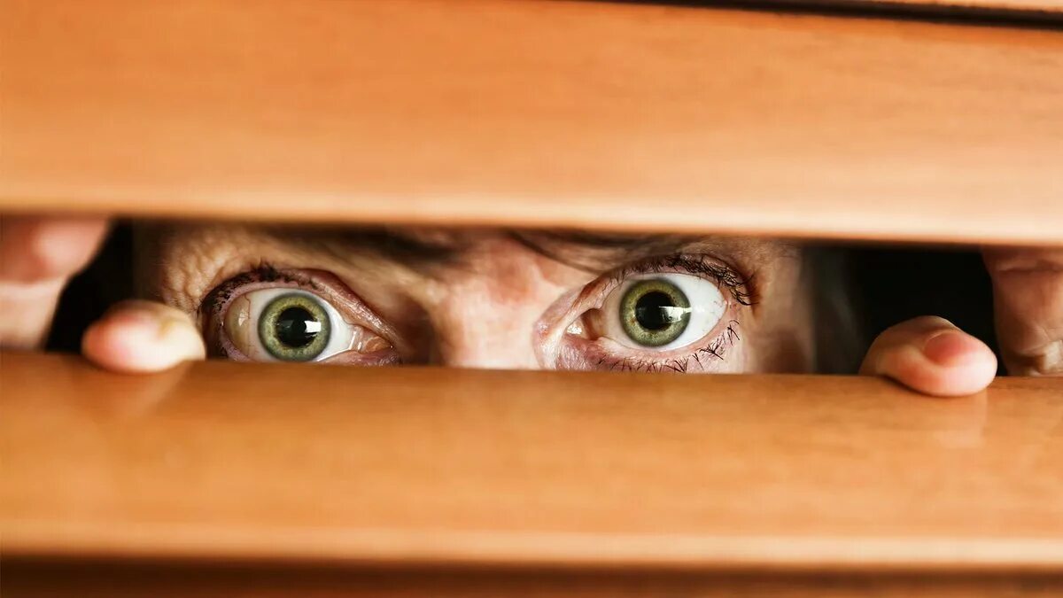 Щель в заборе. Глаз в замочной скважине. Заглянул в объектив. Сквозь щель в/двери. Выглядывает из окна.