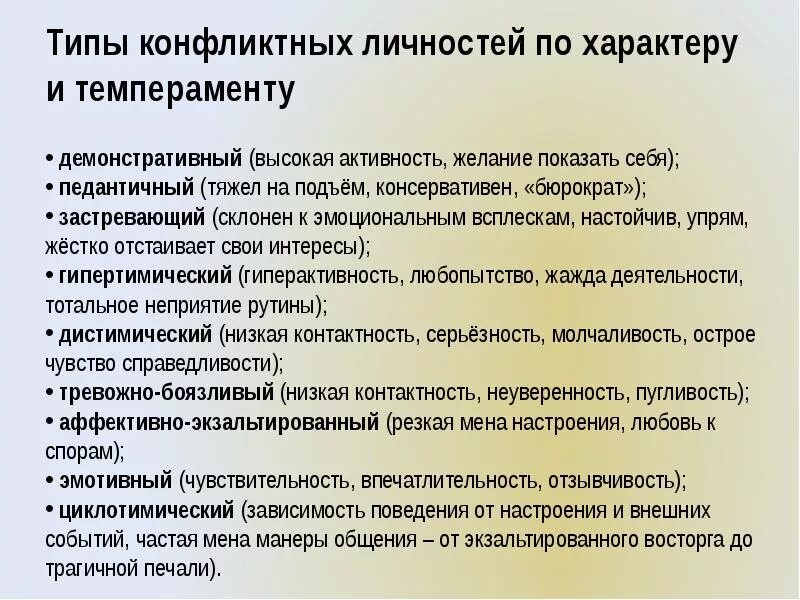 Виды конфликтных личностей. Типы личностных конфликтов. Конфликтной личность по типу темперамента. Демонстративный Тип конфликтной личности.