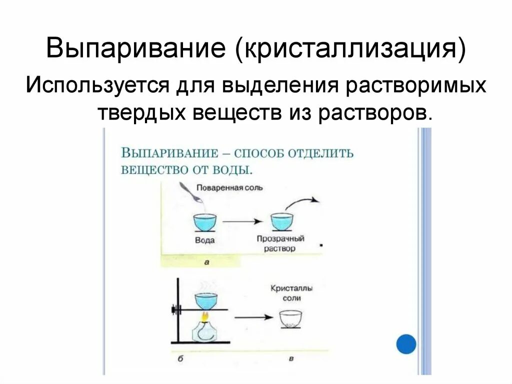 С помощью выпаривания можно разделить. Кристаллизация метод разделения смесей. Способ разделения смесей выпариванием и кристаллизацией. Выпаривание кристаллизация. Метод кристаллизации в химии.