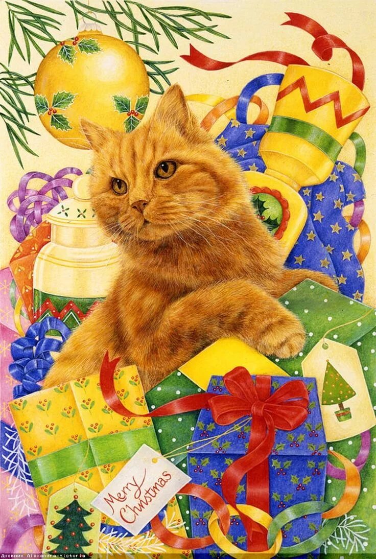 Открытки с рыжими котами. Энн Мортимер кошки. Новогодний котик. Новогодняя открытка с котом. Новогодняя открытка с рыжим котом.