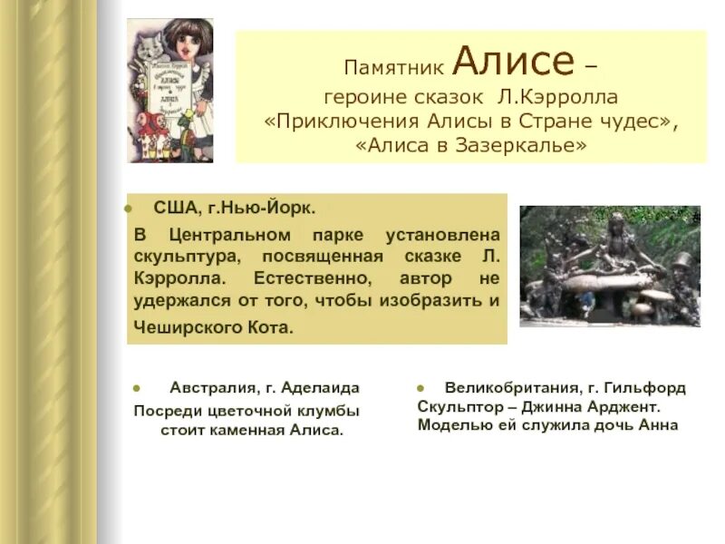 Алиса для презентации. Алиса в Зазеркалье памятник. Проект Алиса в стране чудес презентация. Льюис Кэрролл произведения.