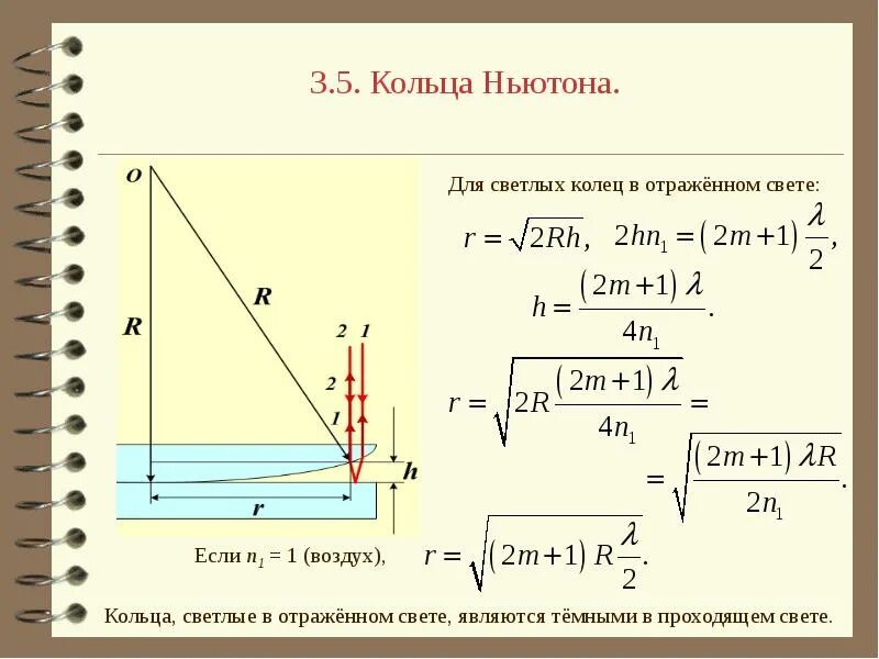 Радиус колец Ньютона в отраженном свете. Интерференция света в тонких пленках кольца Ньютона. Формула радиуса темного кольца Ньютона в отраженном свете. Радиус светлых колец Ньютона в отраженном свете формула. Формула радиуса колец ньютона