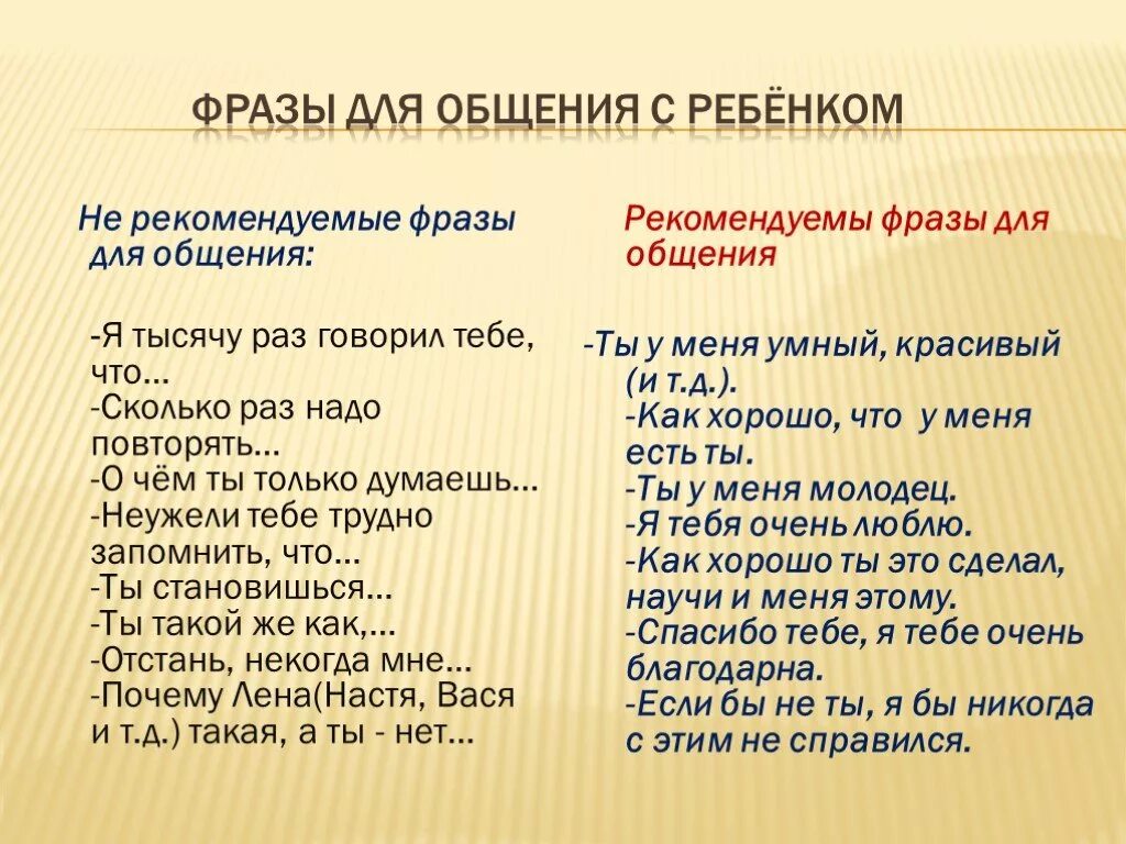 Правильные фразы для разговора с ребенком. Фразы про общение. Литературные фразы для общения. Не рекомендуемые фразы для общения. Какие фразы говорить ребенку