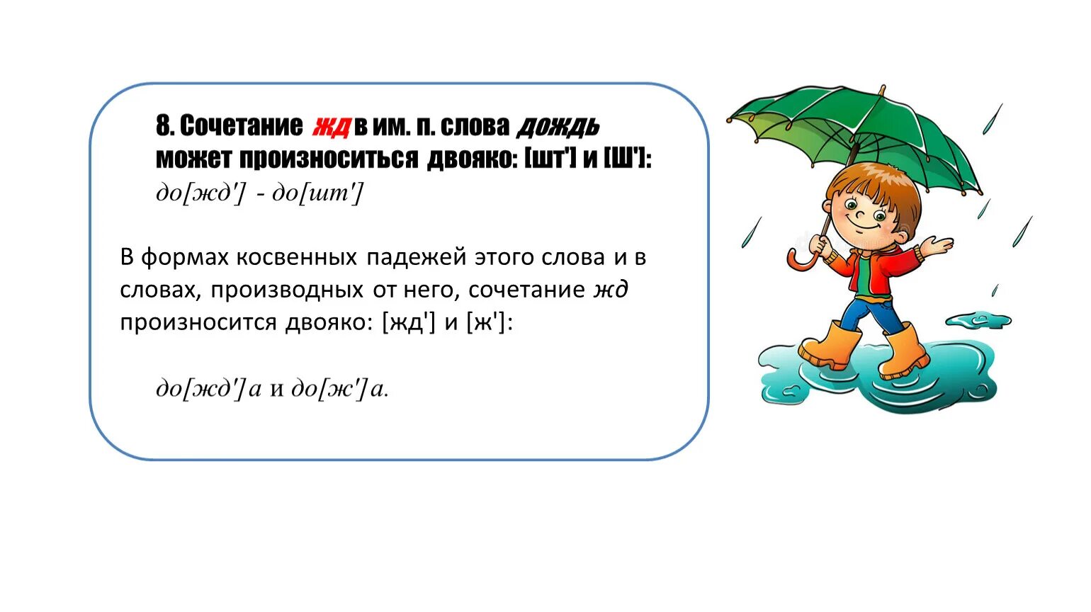 Предложение на слово дождь. Как произносится слово дождь. Сочетание ЖД. Форма слова к слову дождь. Как произносим слово дождь.