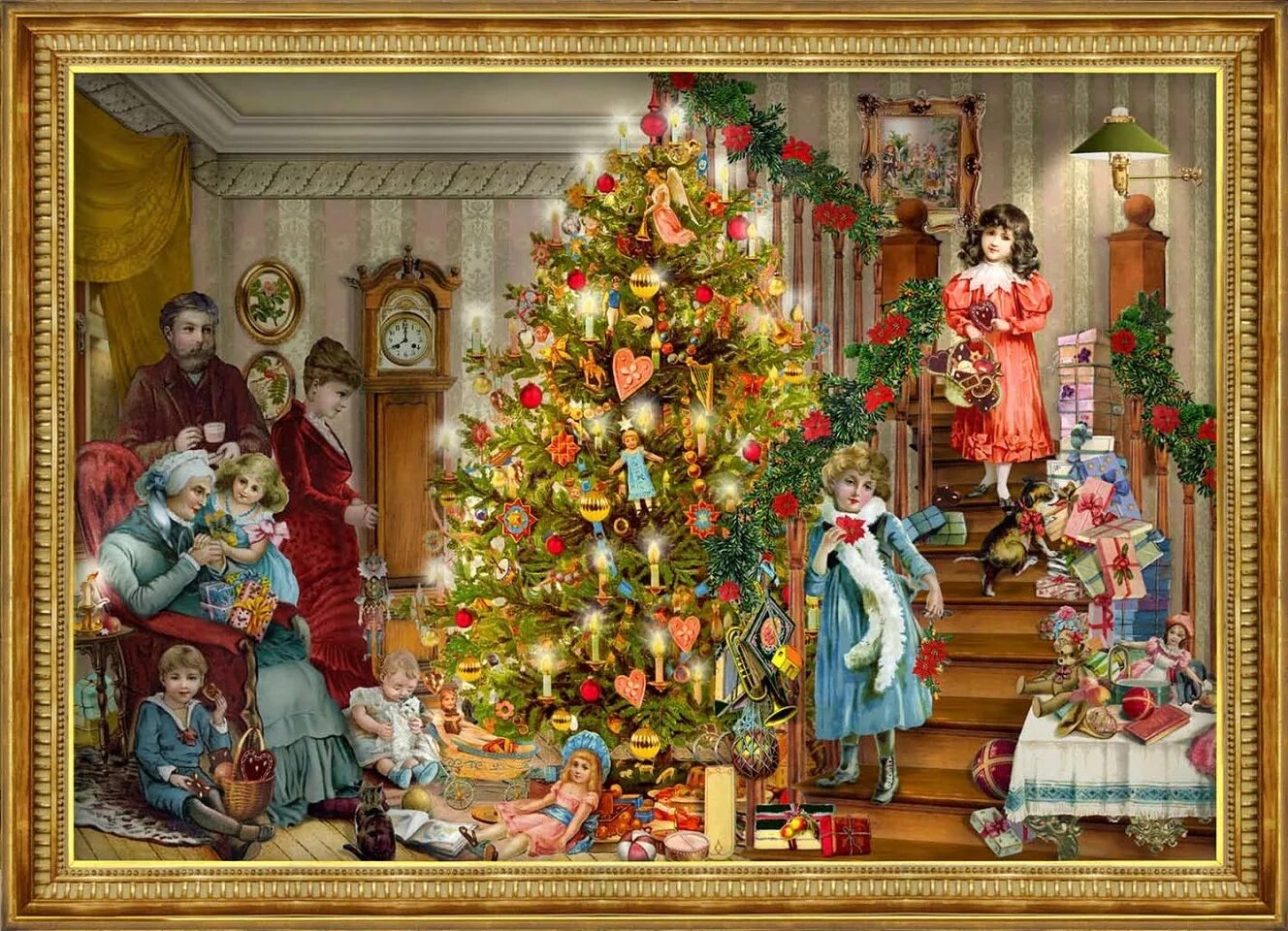 В старину на новогодних елках. Рождественская ель в старину. Рождество картины. Новогодняя елка живопись. Рождество семья картина.