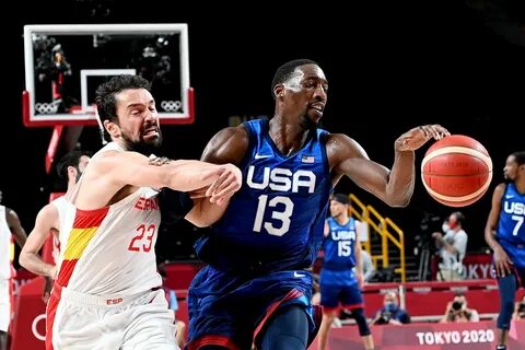 Bam Adebayo of the USA and Sergio Llull of Spain challenge for the ball dur...