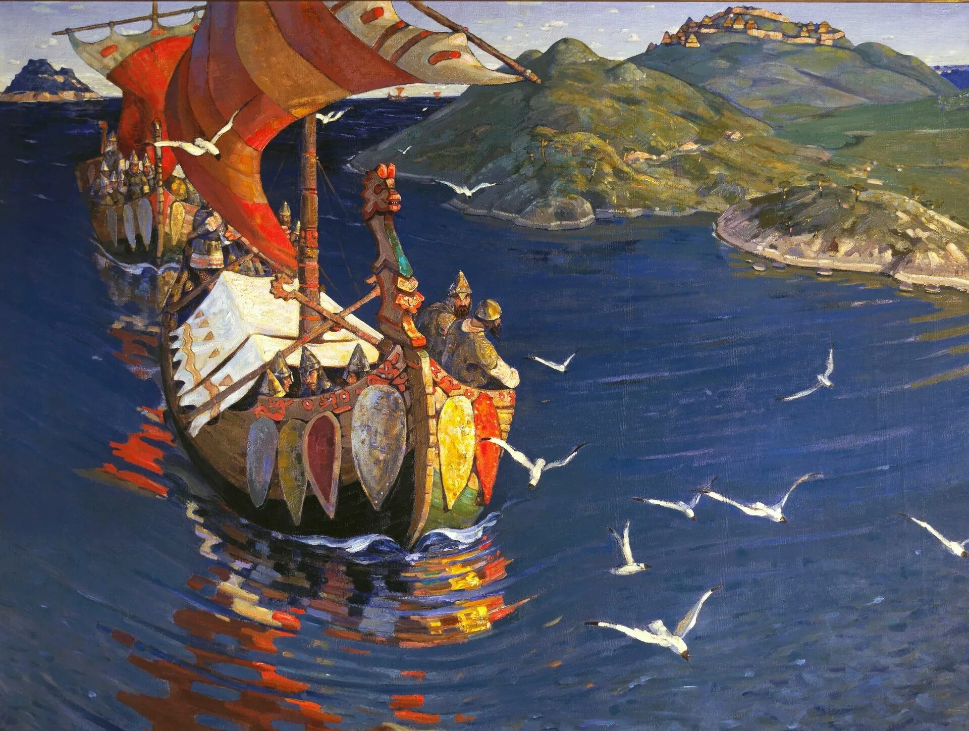 Заморские гости рерих третьяковская галерея. Н. Заморские гости фото. Рерих варяги картина. 1901 г.