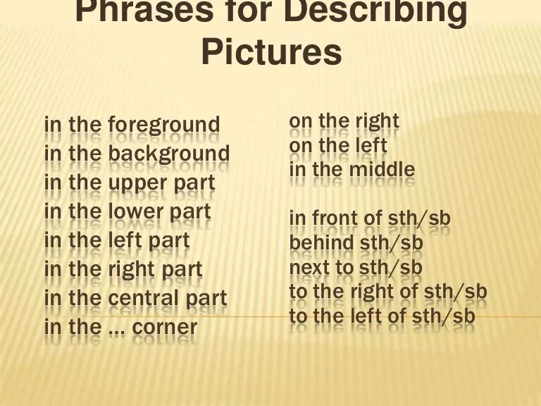 Written in the description. Phrases for describing a picture. Phrases for picture description. Phrases to describe a picture. For-phrase.