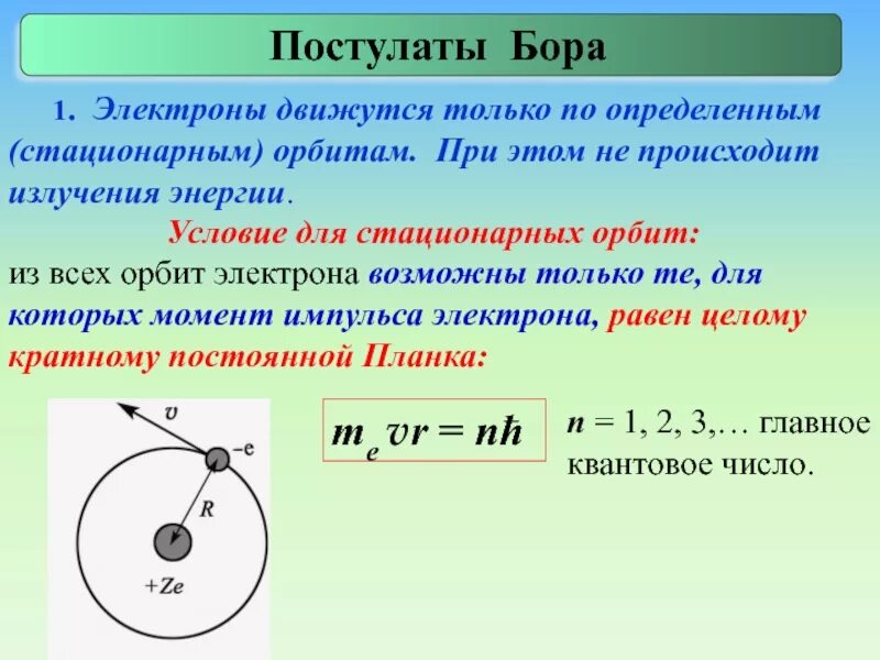 Постулаты Бора. Стационарные орбиты электрона. Постулат Бора момент импульса. Теория Бора постулаты Бора. Стационарная орбита в атоме бора