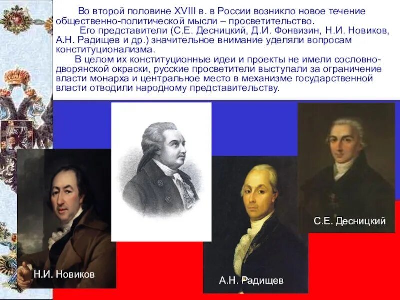 В россии возник новый. Фонвизин, а.н. Радищев, н.и. Новиков. Оппозиция Екатерины II: М.М Щербатов н.и Новиков а.н Радищев. Русские просветители Радищев и Новиков. Просветители 18 века в России.