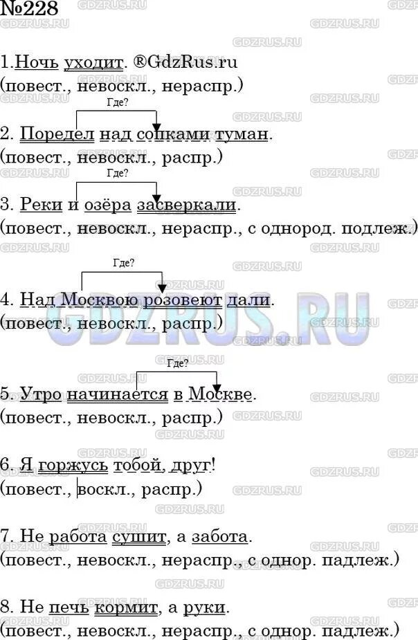 Упр 228 4 класс 2 часть. Разбор предложения письм. Разбор предложения поредел над сопками туман. Разбор предложения письменно. Разобрать письменно предложение.