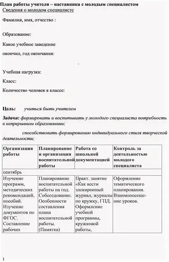 Педагог наставник план работы