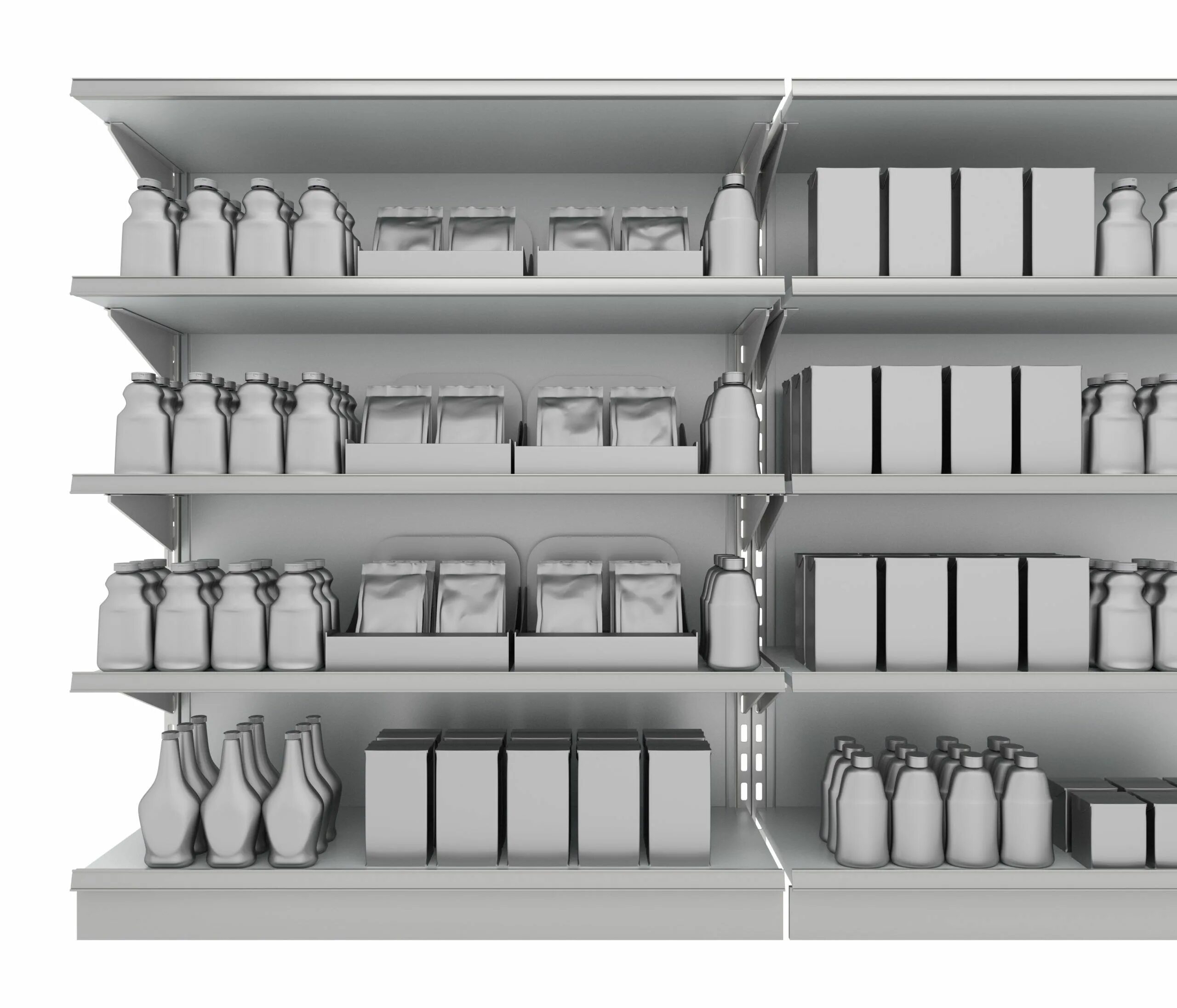 Milk is on the upper shelf. Black shelf front view. shelf front view. milk on the store shelf mockup.
