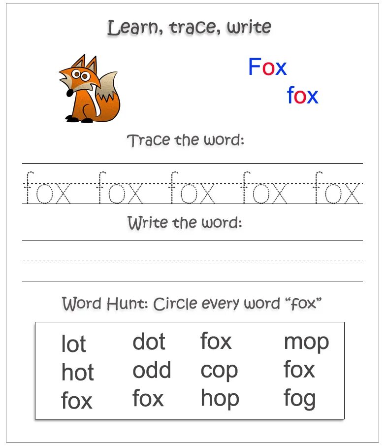 Write fox. Прописи английских слов для детей. Прописи глаголы на английском. Learn Trace. Прописи слова Fox.