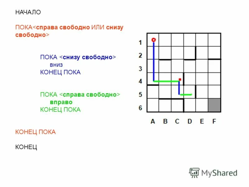 вправо в конец. вправо в конец. пока справа свободно вправо пока снизу свободно вниз конец конец. вправо в конец. пока справа свободно вправо.