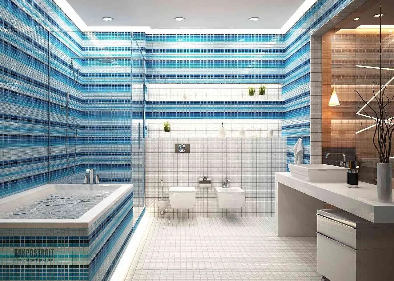 Ванна в голубых тонах. Синяя ванная комната. Ванная в голубых тонах. Полосатая плитка для ванной. Ванная комната в голубом цвете.