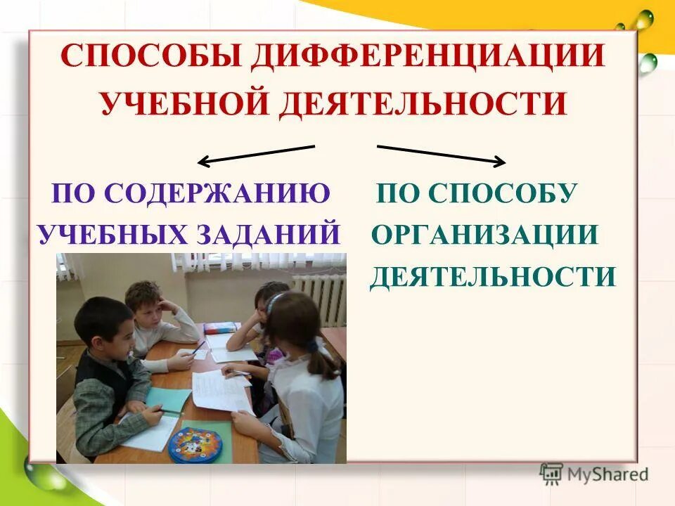 способы дифференциации нагрузки. дифференциация воспитательной работы. дифференциация учебных заданий по уровню творчества. дифференциация по характеру учебных действий. индивидуализации и дифференциации в образовательном процессе.