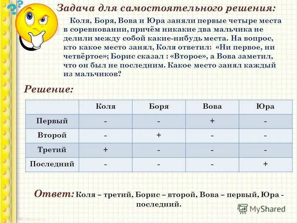 Логические задачи. Логические задачи текстовые. Таблица задач. Решение логических задач.