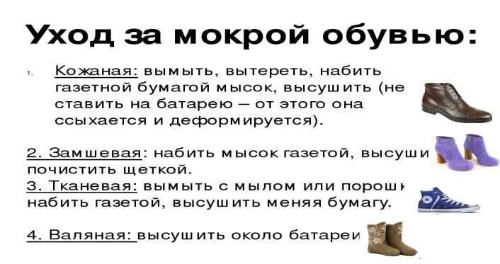 Порядок ухода за обувью. Памятка по уходу за обувью для детей. Сезонная обувь. Обувь из разных материалов. Промокнуть написанное