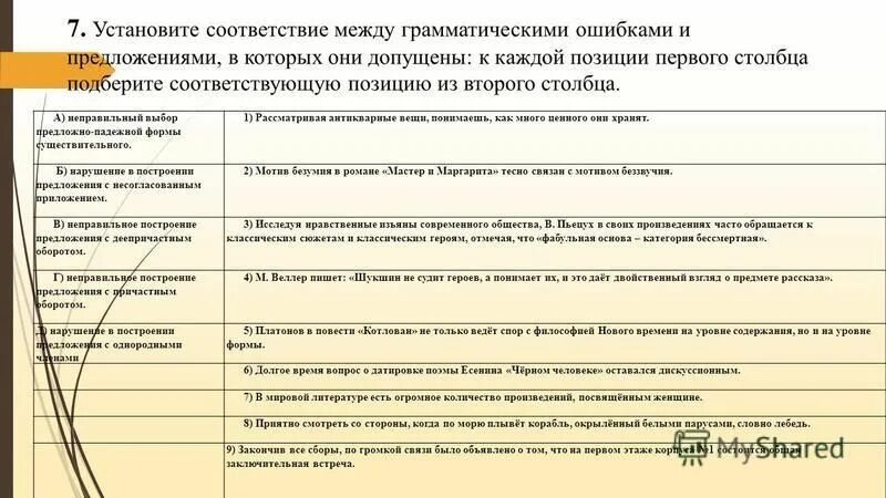 Подобрать предложение грамматическими ошибками 10