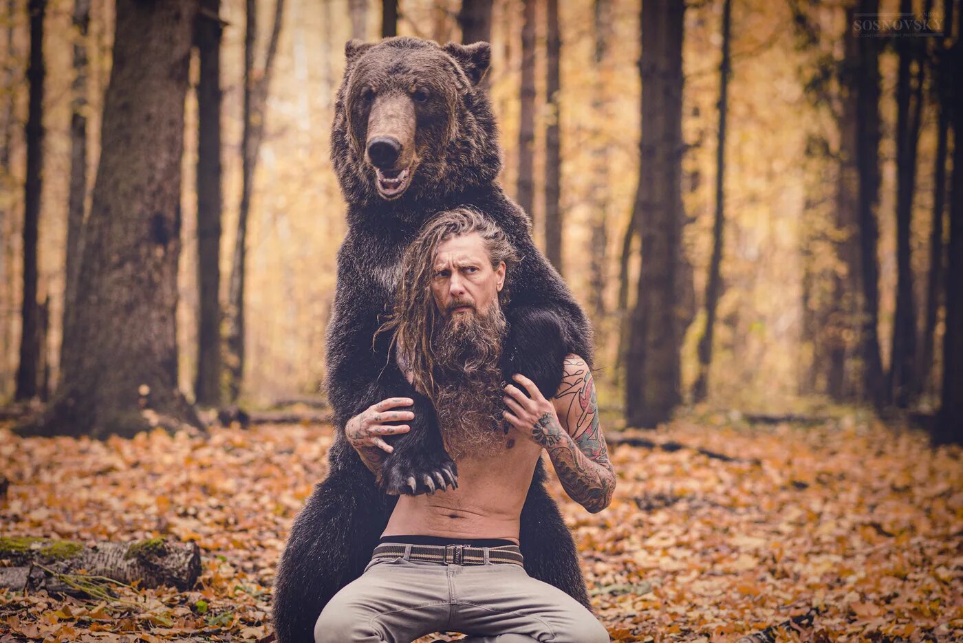 Мужчина медведь. Медведь и человек. Фотосессия с медведем мужчина. Медведь с бородой.