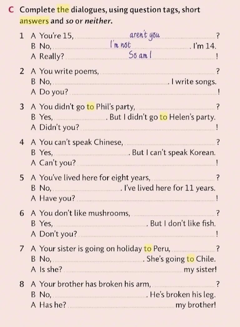 Complete the short dialogues. Write the question tags and short answers 9 класс ответы. Write tag questions. Complete the questions and short answers решаутка. Write the question tags and short answers them.