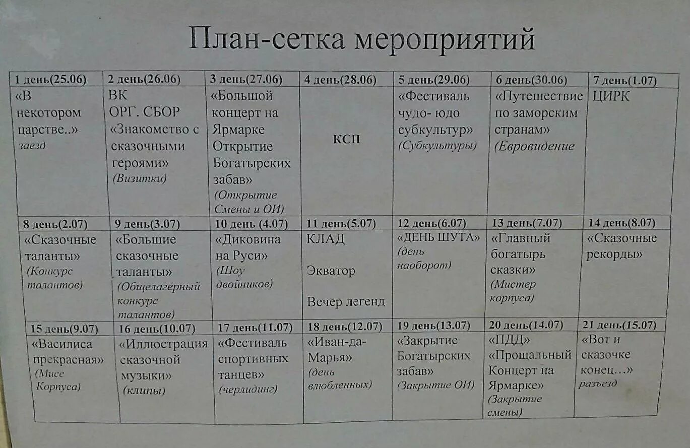 Мероприятие летнего лагеря на 21 день. План сетка летнего лагеря. План сетка в лагере. План сетка лагерных мероприятий. План сетка мероприятий в лагере.