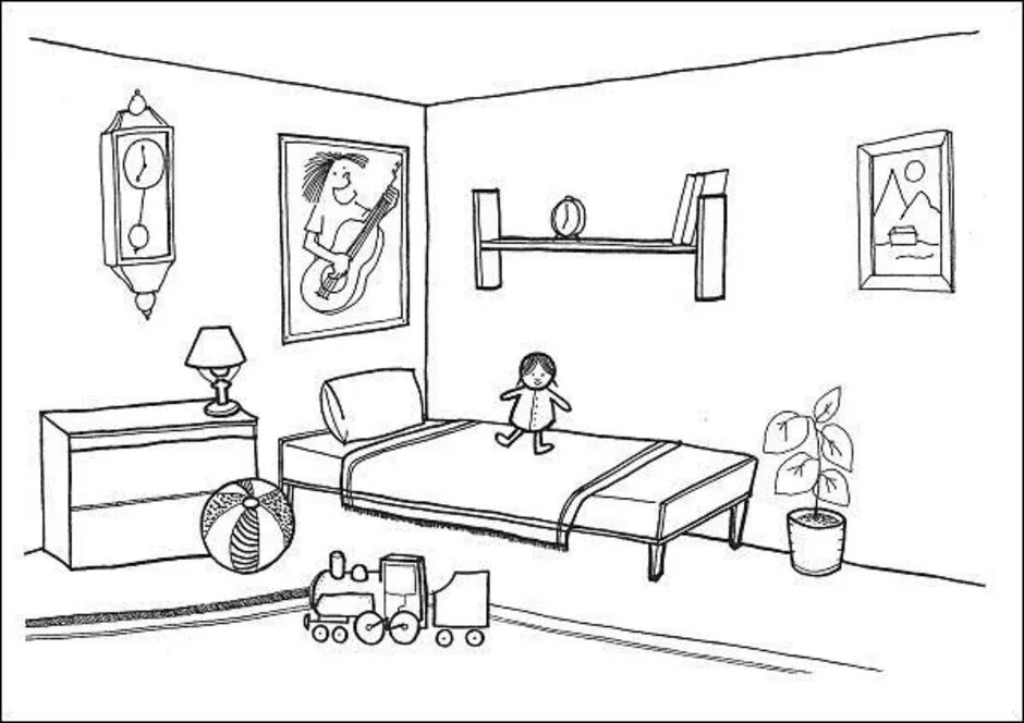 Раскраска комната. Комната раскраска для детей. Спальня раскраска. Рисунок детской комнаты.