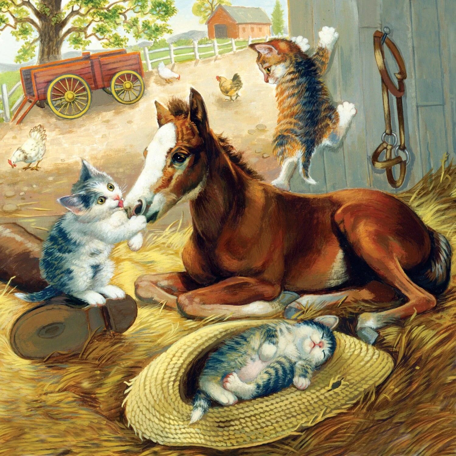 Лошадь и кошка арт. Картина кошки и собаки. Картины с животными в стиле ретро. Чихуахуа и лошадь.