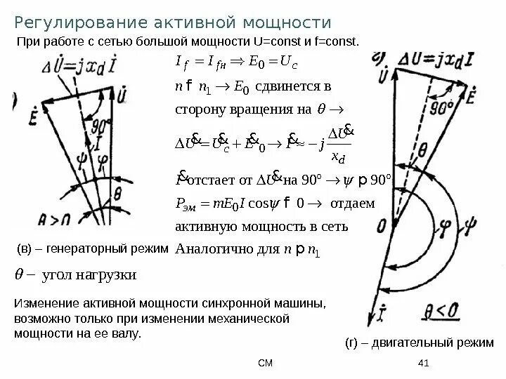 Регулирование активной мощности синхронного генератора. Регулирование реактивной мощности генератора. Регулирование реактивной мощности синхронного генератора. Регулирование активной и реактивной мощностей синхронного двигателя.