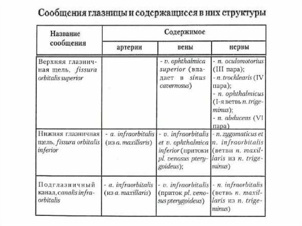 Сообщения глазницы. Строение глазницы таблица. Глазница стенки и сообщения. Стенки глазницы анатомия таблица.