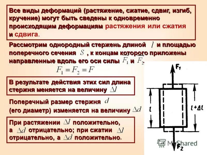 Сдвиг изгиб. Деформация растяжения формула. Центральное растяжение и сжатие стержней. Растяжение сжатие стержня. Деформация при растяжении и сжатии.