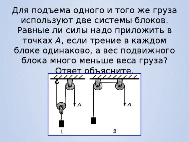 На рисунке изображен блок который используют. Система блоков для подъема грузов. Для подъёма одного и того же груза используют две системы блоков. Вес подвижного блока. Масса подвижных блоков одинакова.