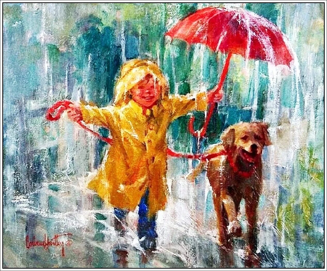 Corinne Hartley картины. Радость под дождем. Радостные картины. Прогулка под дождём.