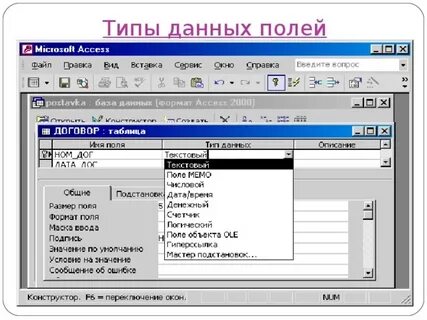 В access допустимы типы полей записей