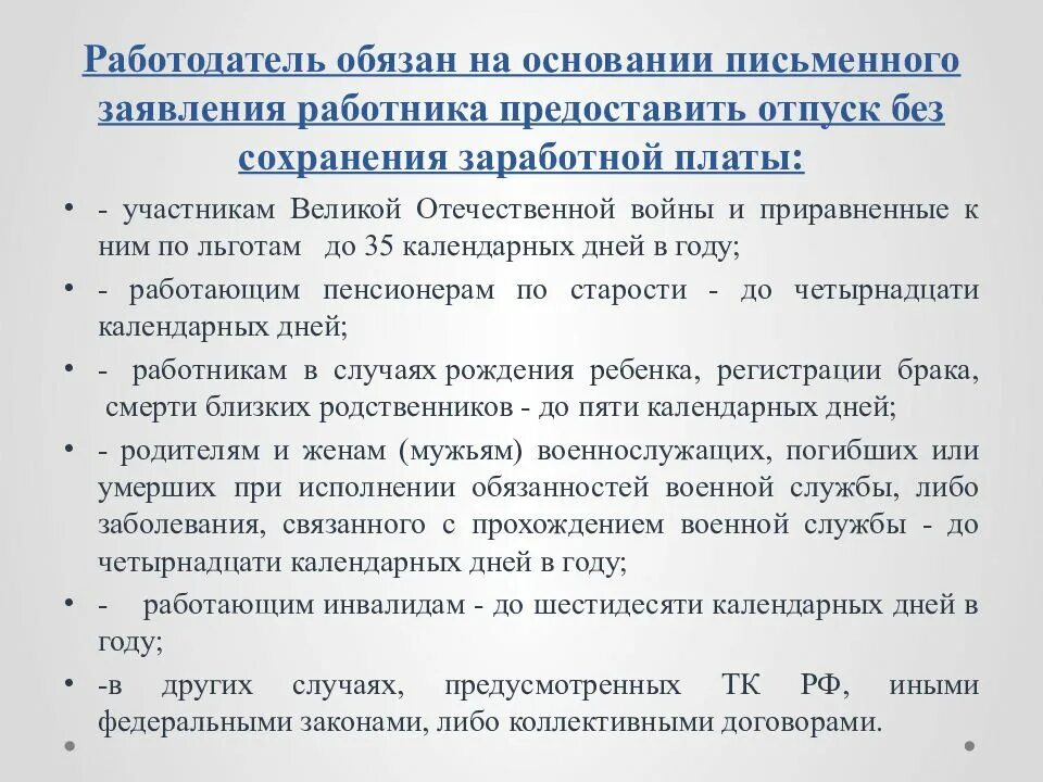 Работодатель обязан на основании письменного заявления работника. Предоставить отпуск без сохранения заработной. Основание отпуска без сохранения заработной платы. Обязанность предоставить отпуск без сохранения заработной платы. Статью 128 трудового кодекса рф